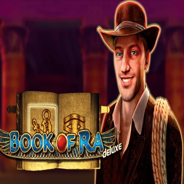 Book of Ra Deluxe online game logo by Novomatic on draculacasinoo.com
