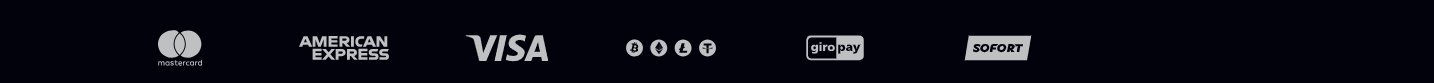 Payment method icons displayed on a dark background, including Mastercard, American Express, Visa, several cryptocurrency symbols, giropay, and Sofort.