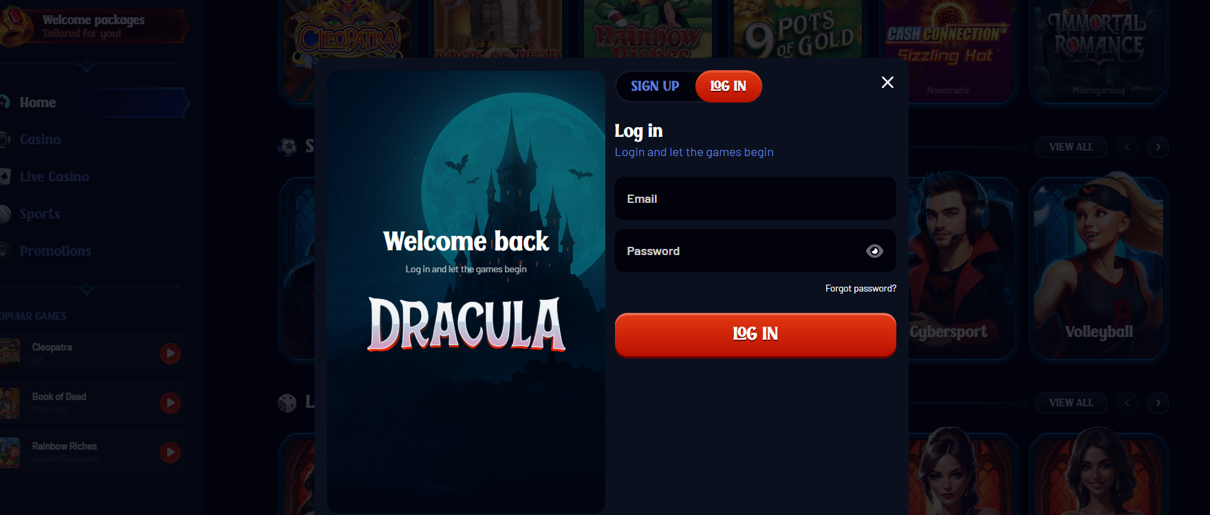Casino login modal with a Dracula-themed background, featuring email and password fields, sign up and log in tabs, forgot password link, and a red log in button.