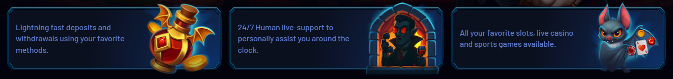 Three promotional feature boxes highlighting fast deposits and withdrawals, 24/7 live support, and access to slots, live casino, and sports games, each with themed illustrated icons.