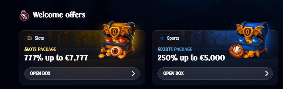 Welcome offers section displaying two bonus packages: a slots package with 777% up to €7,777 and a sports package with 250% up to €5,000, each with an “Open Box” call-to-action.